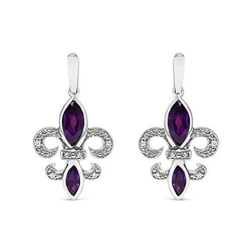 .925 Sterling Silver Marquise Cut Amethyst and Diamond Accent Fleur De Lis Dangle Stud Earrings (H-I Color, SI1-SI2 Clarity)