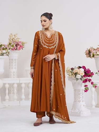 Image of MOKOSH Women's Silk Embroidery Anarkali Kurta Pant with Dupatta | Women's Anarkali Kurta Set | 3 Piece Ethnic Outfit with Dupatta | Round Neck Full Sleeve