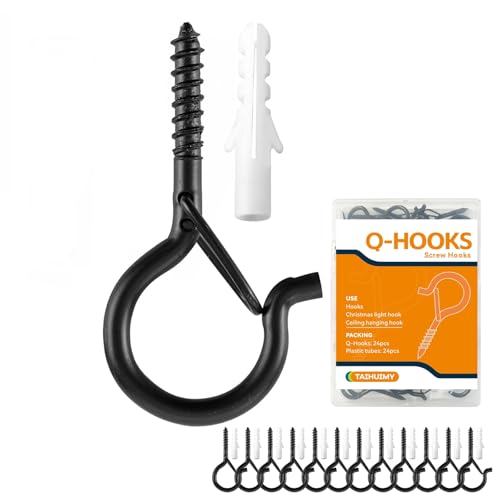 TAIHUIMY Screw Hooks for Outdoor String Lights Q-Hanger Christmas Rope Lights Clips Wall Cabinet Ceiling Eye Hook with Safety Buckle for Wire Party Light Plants Wind Chimes(24)