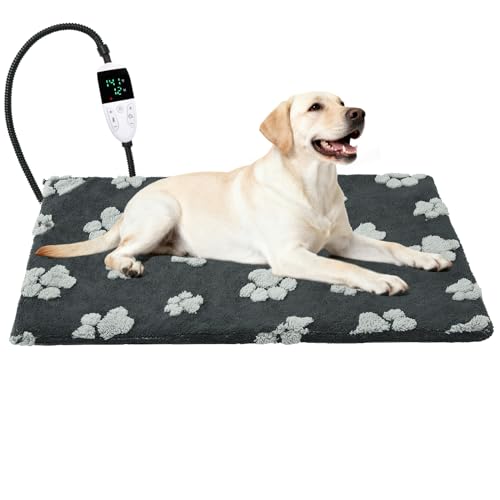 NESAYVER Large Dog Heating Pad with Smart Thermostat Switch, Heated Pet Crate Pad with Fleece Cover for Indoor Outdoor, 35x24 Inch with Anti-bite Cord, Constant on Function, UL&FCC Dual Certification