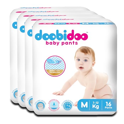Image of Doobidoo Baby Pants Diapers - M Size | All Round Softness with Bubble Soft Topsheet & Anti-Leak Side Cuffs | High Absorbency for Comfort & Protection (7-12 kg) - Pack of 2 | 112 Count