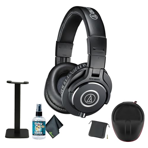 Audio-Technica ATH-M40x Closed-Back Monitor Headphones (Black) + Microfiber Cleaning Cloth + Headphone Stand + Headphone CASE + Goby Labs Headphone Cleaner 4 fl oz