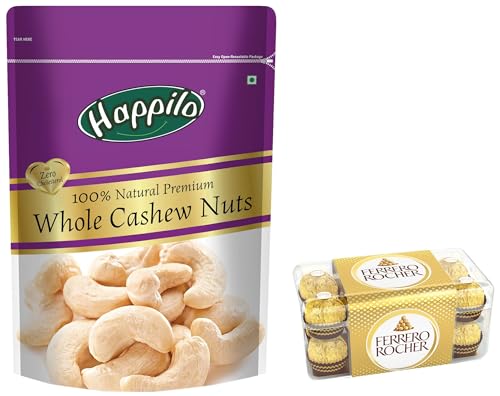 Image of Happilo 100% Natural Premium Whole Cashews, 200 g (Pack of 1) & Ferrero Rocher, Exquisite Hazelnut and Milk Chocolate Premium Gift Box, 16 pieces (200 g)