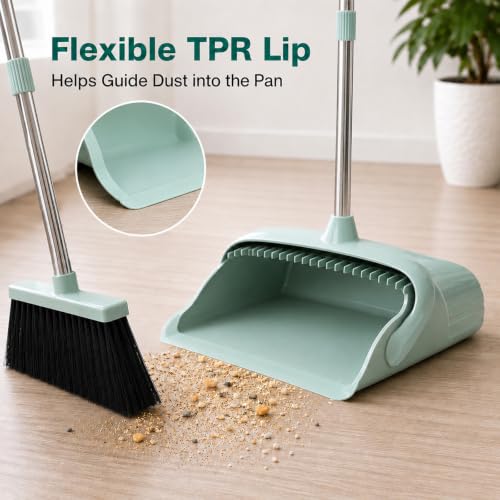 Image of Broom and Dustpan Set, 52-Inch Long Handle, Comb Teeth, Green | Comb teeth help sweep pet hair, dust and crumbs on hard floors