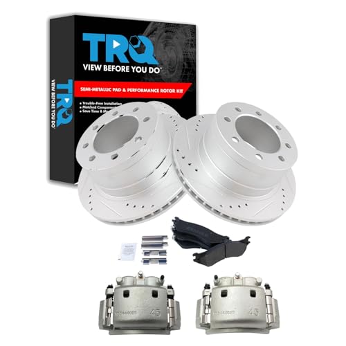 Image of TRQ Rear Performance Brake Pad, Caliper, & Rotor Kit Semi-Metallic Vented Premium G-Coated Compatible with 2006-2008 Dodge Ram 1500 2003-2008 Ram 2500, 3500