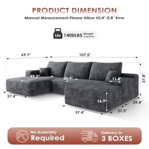 Image of Boneless Couch, Modular Sectional Couches for Living Room, U-Shaped Cloud Couch Sofa with Deep Seat, Fluffy Corduroy Upholstered Corner Sofa