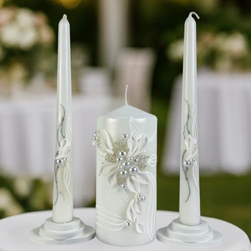 Magik Life Unity Candle Set - Wedding Ceremony & Reception – 6” Pillar & Two 10” Taper Candles – Long Burning Unity Candles for Marriage Ritual – Handmade in USA – Royal White