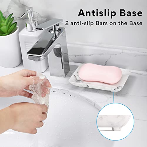 Self Draining Soap Dish, Aimou Non-Slip Soap Holder With Drain Resin Durable Waterfall Soap Tray, Bathroom Soap Saver Case Box Container Keep Soap Bars Dry Clean, Easy Cleaning Marble White #TOP3
