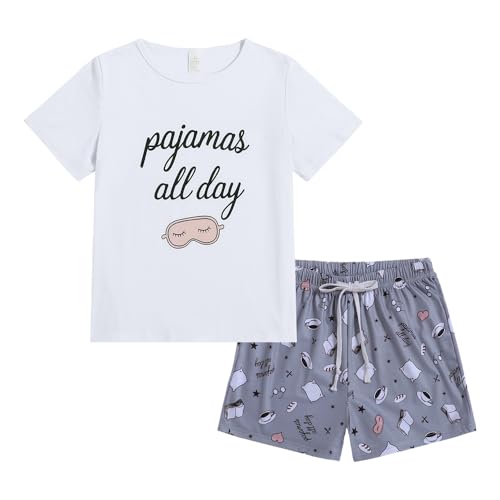 Image of VENTELAN Pajama Set For Women Cute PJS Summer Short Sleeve Shorts Sleepwear