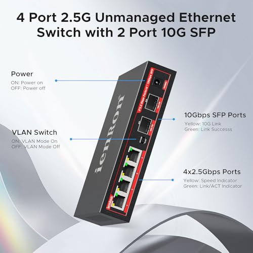 Image of 6 Port 2.5G Switch,ienRon 4 Port 2.5G with 2x10G SFP+ Ports | Ultra-Fast Speed | Plug & Play | Fanless Silent | VLAN |Desktop /Wall Mount | Ideal for Gaming /NAS, 4K /8K Streaming Home Office