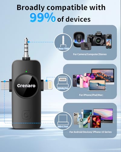 Image of GRENARO Wireless Mic for Youtubers, S11 3 in 1 Wireless Microphone for iPhone /Android /DSLR Camera /USB-C Plug /iPad, Noise Cancellation Mic for Youtubers, Video Recording, 50M Range (Single Channel)