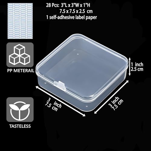 Image of Square Plastic Storage Boxes with Lids, Organizer Containers for Small Parts, Crafts, Jewelry, Office Supplies,Nails, SMT components (Clear, 28 Pcs 3 x 3 x 1 in)