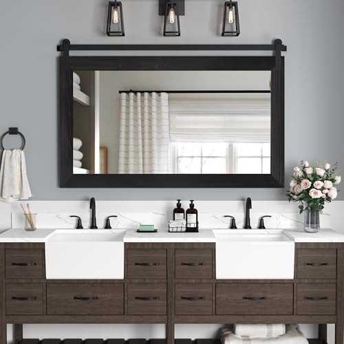 Image of COGOOD Farmhouse Barn Door Mirror - 41 inch x 26 inch Rustic Wood Framed Wall Mirror for Bathroom, Living Room, Entryway Wall Decor (Black)