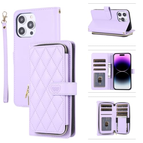 Protection iPhone 14 Pro avec porte-carte grand format et coque zippée couleur lavande
