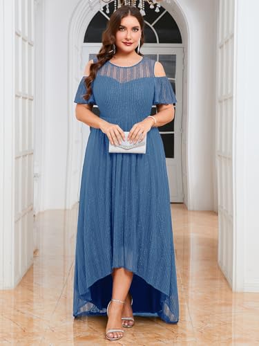 Image of ZOMVA Plus Size Sparkly Mesh Maxi Dress Cold Shoulder Ruffle Sleeve High Low A Line Dresses Wedding Guest Cocktail Party