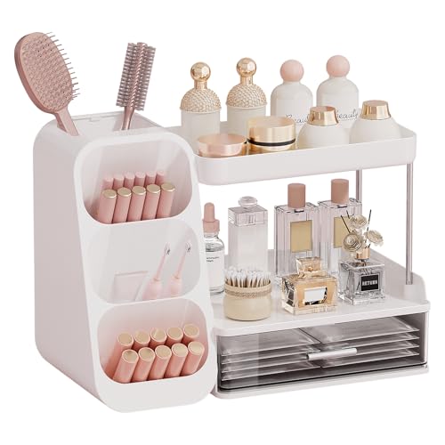 Image of UFORU Makeup Organizer for Vanity with Brush Holder, 2 Tiers Countertop Skincare, Cologne Organizer and Perfume Stand for Bathroom Vanity, Large Capacity Makeup Storage, White