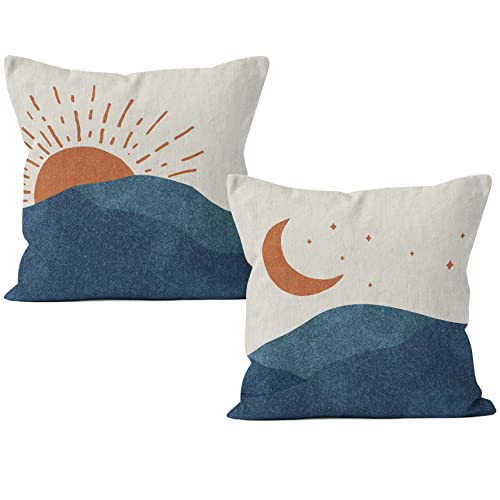 Hiwx Abstract Boho Sun Moon Blue Mountains Decorative Pillowcase Throw Pillow Cover, Modern Art Sunrise Sunset Landscape For Sofa Bed Room Home Bohemia Decor 18 X 18 Inch Set Of 2 Pillow Case #TOP11