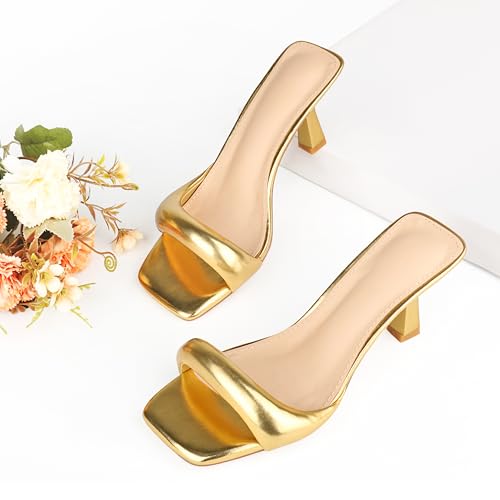 Image of Women's Kitten Heels Sandals 2.76 Inch Square Toe Stiletto One-Strap Heeled Sandals Slip-On Mule Heels for Women