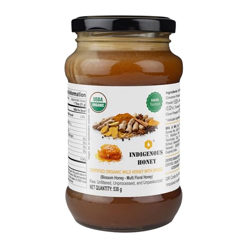 INDIGENOUS HONEY Certified Organic Raw Honey with Clove Cinnamon Turmeric Ginger Black Pepper Immunity Booster NMR Tested Pure Natural Unprocessed Unfiltered Wild Honey - 530g Glass Jar