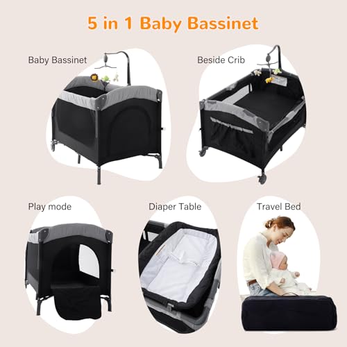 Image of Soobaby 5 in 1 Baby Crib,Bedside Sleeper Bassinet,Pack and Play with Bassinet and Changing Table,Portable Travel Playpen Music Box,Portable Travel Crib for Infant Newborn (Black Gray)
