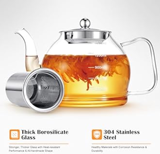 STNTUS Glass Teapot, 52 oz / 1500 ml for Loose Tea, Teapot with Infusers for Loose Tea, Stainless Steel Strainer, Tea Pot for Stove,