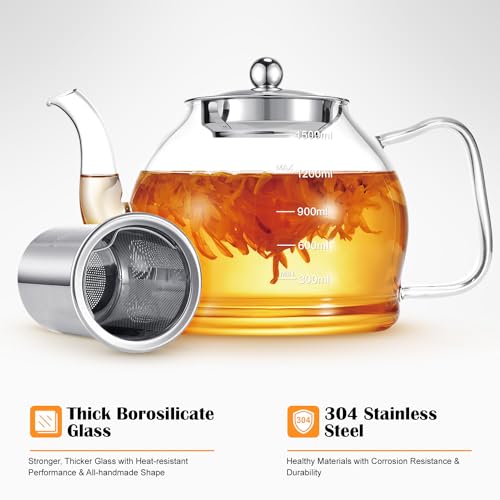STNTUS Glass Teapot, 52 oz / 1500 ml for Loose Tea, Teapot with Infusers for Loose Tea, Stainless Steel Strainer, Tea Pot for Stove,