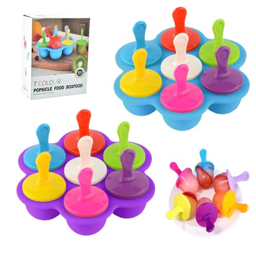 Image of Silicone Popsicle Molds Mini 7-Cavity DIY Ice Pop Mold With Colorful Sticks and Drip-guards Baby Food Storage Container Reusable Non-Stick Food Grade Popsicle Makers … (Blue+Dark Purple)