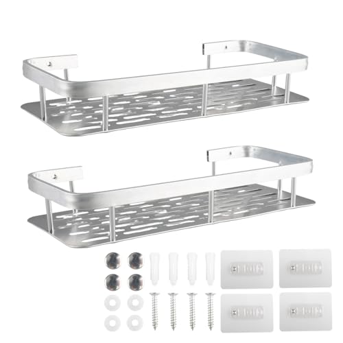 SenaiMy 2 Stück Duschablage Ohne Bohren Silber, Raum Aluminium Badezimmer Organizer, Wandhalterung Duschkörbe & Duschablagen mit Bohren Zubehör, Rostfreie Badregal Duschablage