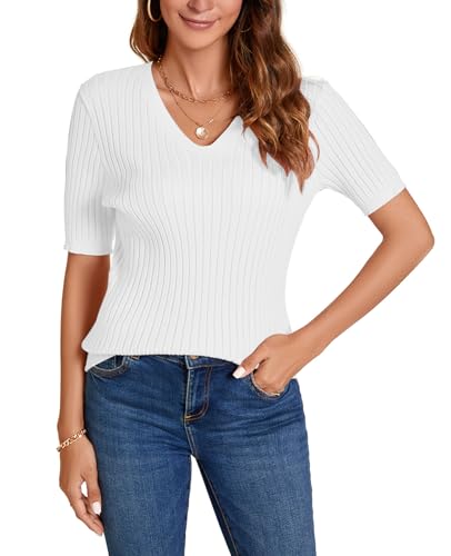 Image of Women Summer Knit Shirt Blouse V Neck Short Sleeve Pullover Sweater Tops