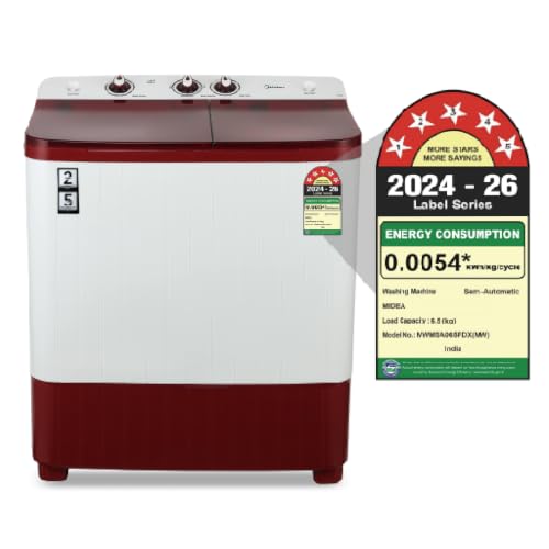 Image of Midea 6.5kg Semi Automatic Top Load Washing Machine, Dual Wave Pulsator, Heavy Duty Motor, 1350 RPM High-Speed Spin, Collar Scrubber, Top Load Washer (MWMSA065PDX (MW), Maroon-White)