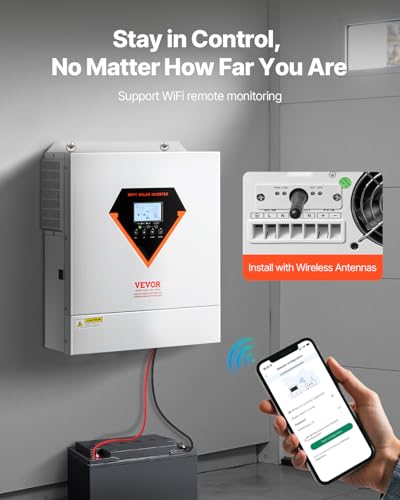 VEVOR Hybrid Solar Inverter, 3000W, All in One Pure Sine Wave Power Inverter Charger, 24V DC to 110/120V AC, with Built-in 100A MPPT Solar Controller, for Off-Grid System Lead Acid Lithium Battery