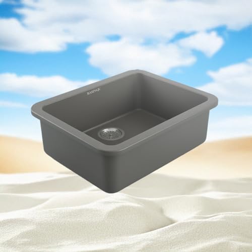 Image of BASINQU Quartz Sink for Kitchen | 24x18x9 Inches Grey Single Bowl Sink For Kitchen Basin Round Corner Kitchen Sink | Granite UV Protected Scratch Resistant, Undermount /Topmount Kitchen Sinks
