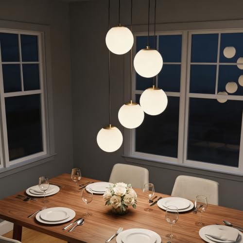 Image of Mid Century Globe Chandelier, 5-Light Brushed Gold Pendant with Milk White Glass, Modern Cluster Lighting for Staircase Kitchen Island Dining Room