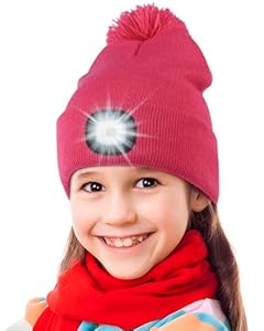Deilin Warmes Geschenk für Mädchen Jungen, Winter Bommel Beanie Mütze mit Led Licht USB Wiederaufladbare Abnehmbar Waschbar Strick Mützen mit Taschenlampe zum Laufen Skifahren Radfahren, Rose Rot