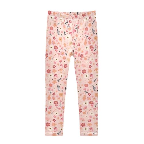 A Pattern of Flowers in Pink Kids Girl's Cotton Leggings Stretch High Waisted Athleisure Pants Running