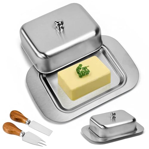 Zuxbolf Butterdose Edelstahl mit Deckel und Griff Butterglocke Butterschale mit Messer Gabel Buttergefäß Butterplatte Spülmaschinenfest Käsebrotbox Butter Dish für Butter Käse Kuchen (18,5x12,2x6,7cm)