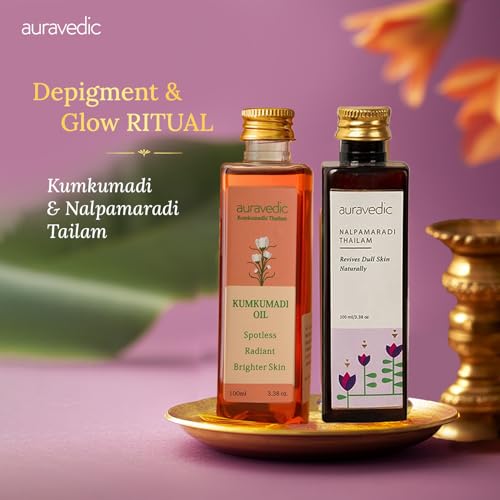 Image of Auravedic Kumkumadi tailam for face Kumkumadi face oil for glowing skin & Nalpamaradi thailam 100 ml pack of 2 kumkumadi oil pigmentation serum body oil after bath for daily use