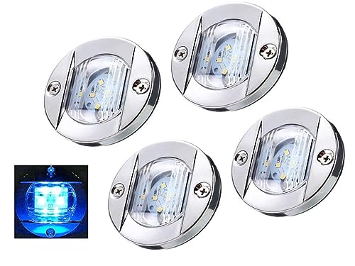 Marine Boat LED Cabin Deck Courtesy Light Stern Transom Lights 12V DC Round Chrome Clear Lens Waterproof, Round LED Deck Courtesy Blue Light 4 Pcs