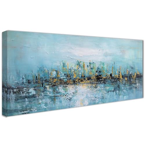 Mit Rahmen Leinwand Bilder Blaues Meer und Häuser am Ufer Leinwandbilder Bild auf Leinwand Malerei Abstrakt Gelb Schwarz Blau Bild Wandbilder Heim Wohnzimmer Schlafzimmer Wanddekoration 50x120cm., 19.16 €