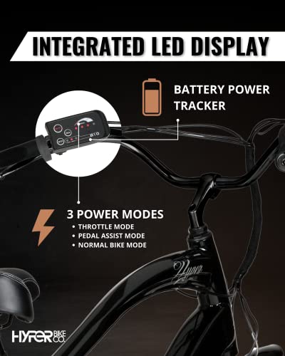 Hyper Bicycles E-Ride 26" Men's 36V Electric Cruiser E-Bike with Pedal-Assist, 250W Motor, Black - Thumbnail 4