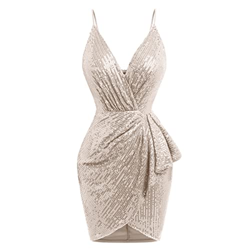 Women Spaghetti Strap Sequin Glitter Bodycon Mini Dress Cross Wrap V Neck Ruched Cocktail Party Dress Ruffle Backless Bandage Strappy Cami Dress Sparkle Glitzy Glam Night Club Dress Clubwear Apricot M
