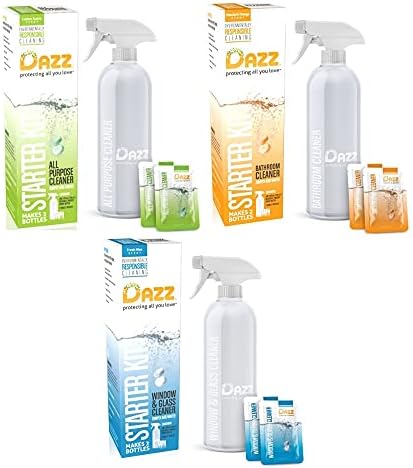 DAZZ Whole House Starter Kit (3 Reusable Spray Bottles, 6 Refills) Natural All Purpose Cleaner, Glass and Window Cleaner, and Bathroom Cleaner – Eco Friendly, Non Toxic