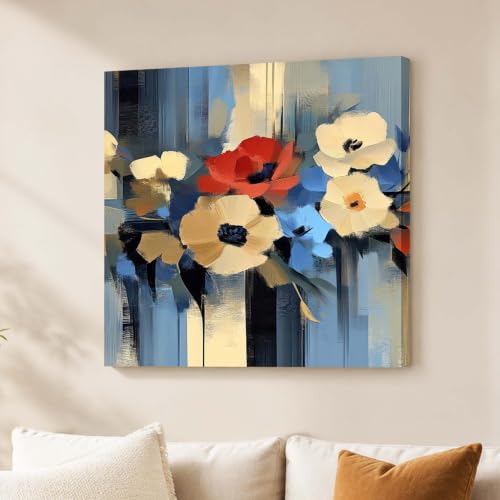 Image of Abstract Floral Stretched Canvas Wall Art Painting for Living Room | Modern Blue & White Flower Artwork Painting | Contemporary Decorative Wall Decor for Home & Office, 22x22 Inch