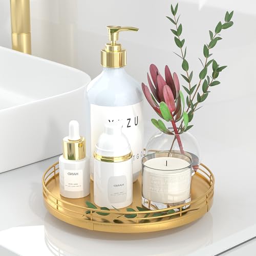 Image of 9 inch Gold Lazy Susan for Table Top, Oak Wood Lazy Susan Turntable Organizer for Dining Coffee Table Centerpiece Bar Decor Kitchen Countertop Bathroom Vanity Decorative Tray for Perfume Jewelry Round