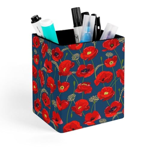Quteprint Soporte cuadrado para lápices, soporte para bolígrafos de flores de amapola roja para escritorio, organizador de bolígrafos de oficina, accesorios de escritorio, soporte para brochas de