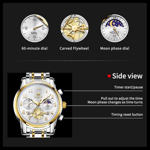 OLEVS Men's Business Watch Gold Blue with Large Easy-Read Analog Quartz Date Display Luxury Stainless Steel Band Waterproof Luminous Hands