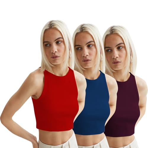 Image of KERI PERRY Tops for Women Crop Top for Women's Tank Activewear Tee Sports Western Casual Cotton Camisole Pack of 3 Combo