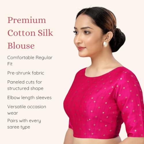 Image of Studio Shringaar Women Cotton Silk Silky Brocade Readymade Elbow Length Sleeves Saree Blouse Choli