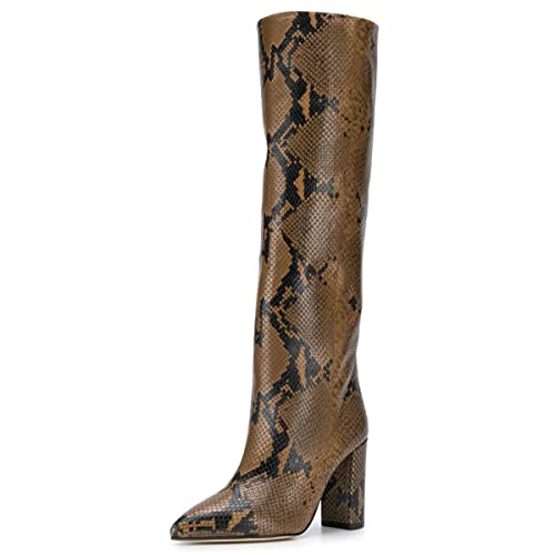 Goolita Women's Knee High Snakeskin Boots Chunky Heel Wide Calf Pull on Long Bootie
