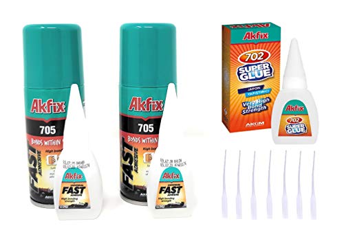 Akfix 705 Super CA Glue (2 X 0.7oz) with Spray Activator (2 X 3.38 floz) and 0.7 oz Thin CA. Wood, Metal, Plastic, Leather, Crafts. Clear CA Glues